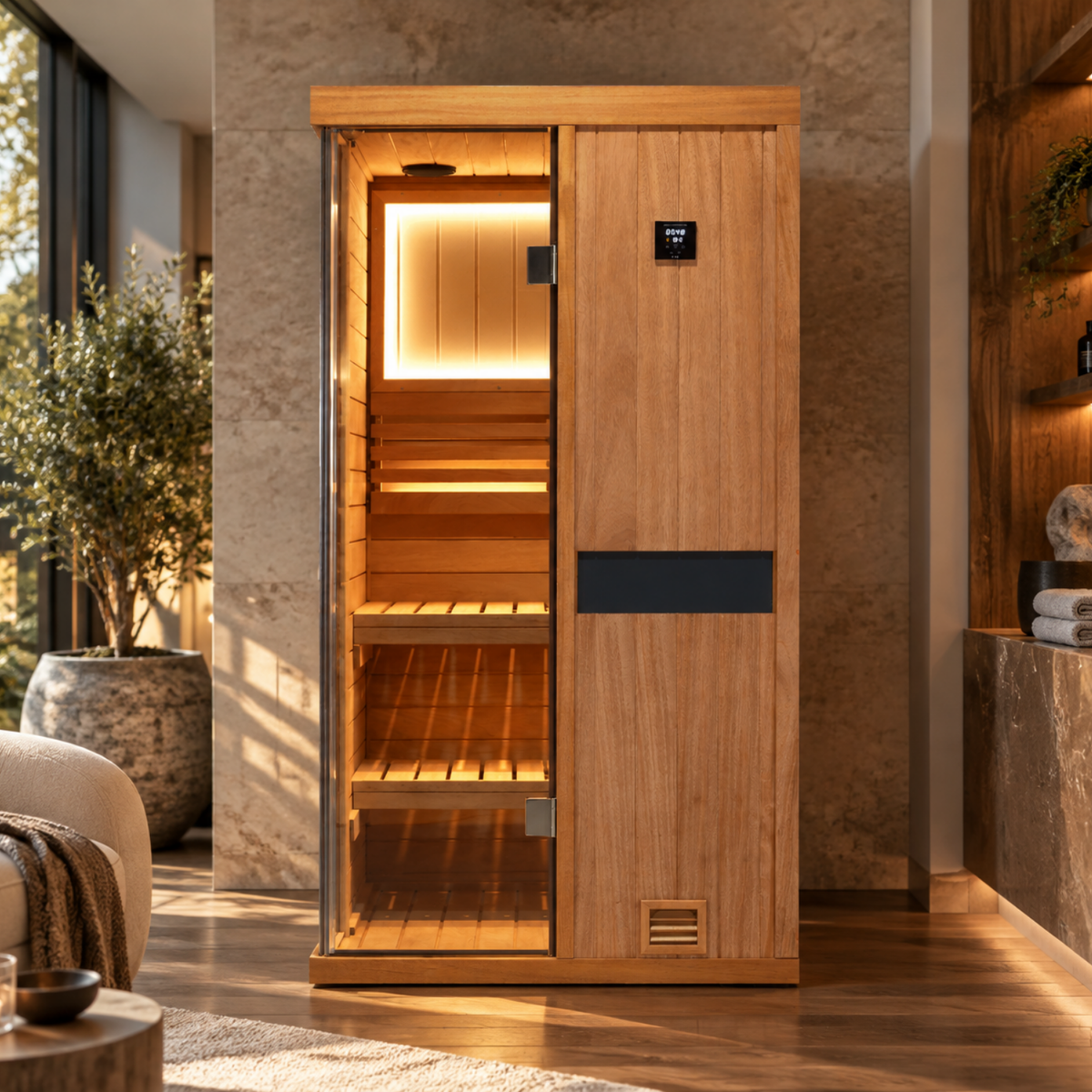 HKXSC 701ST 1-Person indoor African mahogany sauna featuring 660nm red lights and negative-ion panels for a home sauna setup