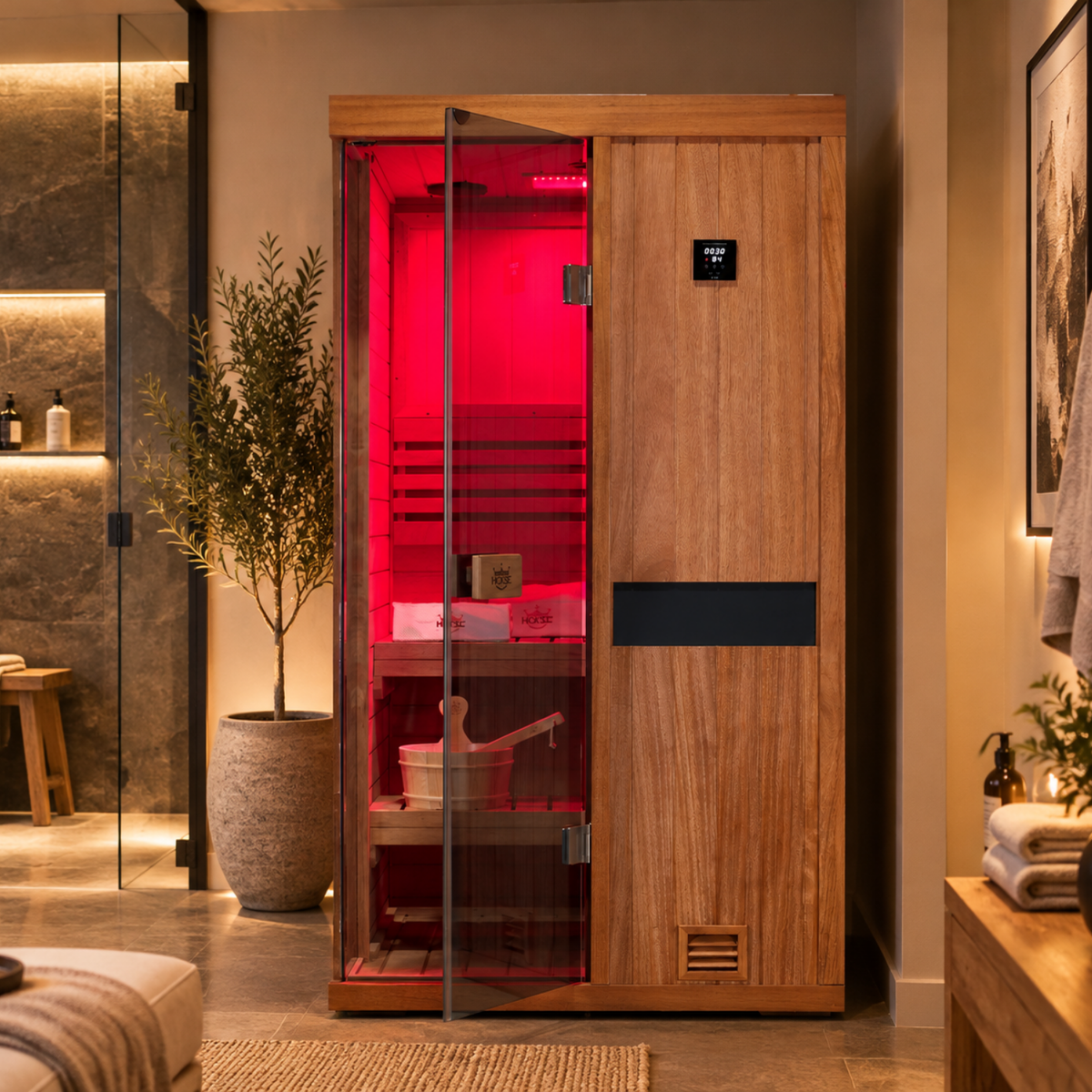 HKXSC 701ST 1-Person African mahogany home sauna with a water-based clear finish that preserves the natural appearance of the wood