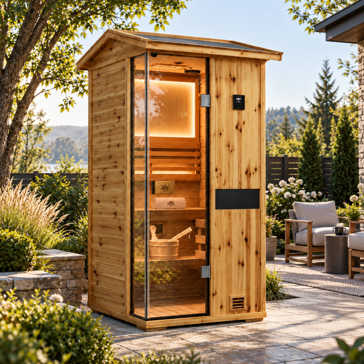 HKXSC 701VS 1-Person outdoor sauna made from US fir wood, designed for a home outdoor sauna space
