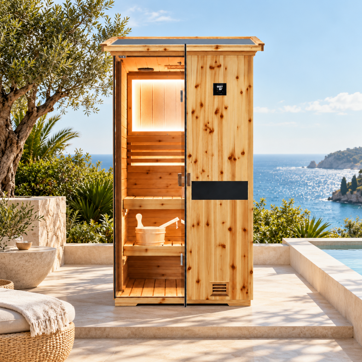 HKXSC 701VS 1-Person outdoor sauna made from US fir wood, with a V-shaped drainage roof, an oil-wax exterior finish, 660nm red lights, and negative-ion panels