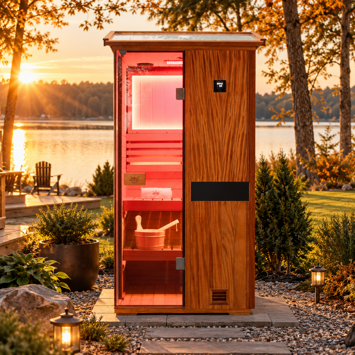 HKXSC 701VT 1-Person outdoor African mahogany sauna with a V-shaped roof designed to support rainwater drainage
