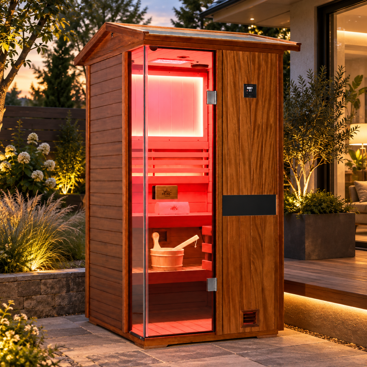 HKXSC 701VT 1-Person outdoor sauna with an oil-wax-protected African mahogany exterior, negative-ion panels, and 660nm red lights