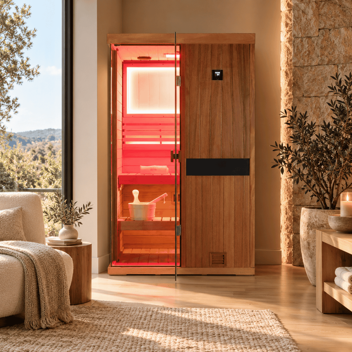 HKXSC 702ST 2-Person home sauna crafted from African mahogany, designed for indoor placement
