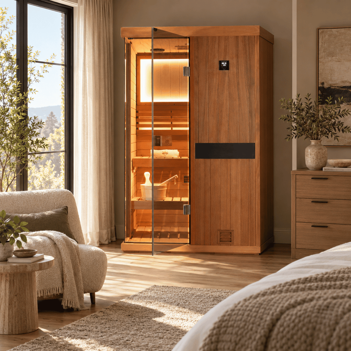 HKXSC 702ST indoor African mahogany sauna with a water-based clear finish, 660nm red lights, and negative-ion panels