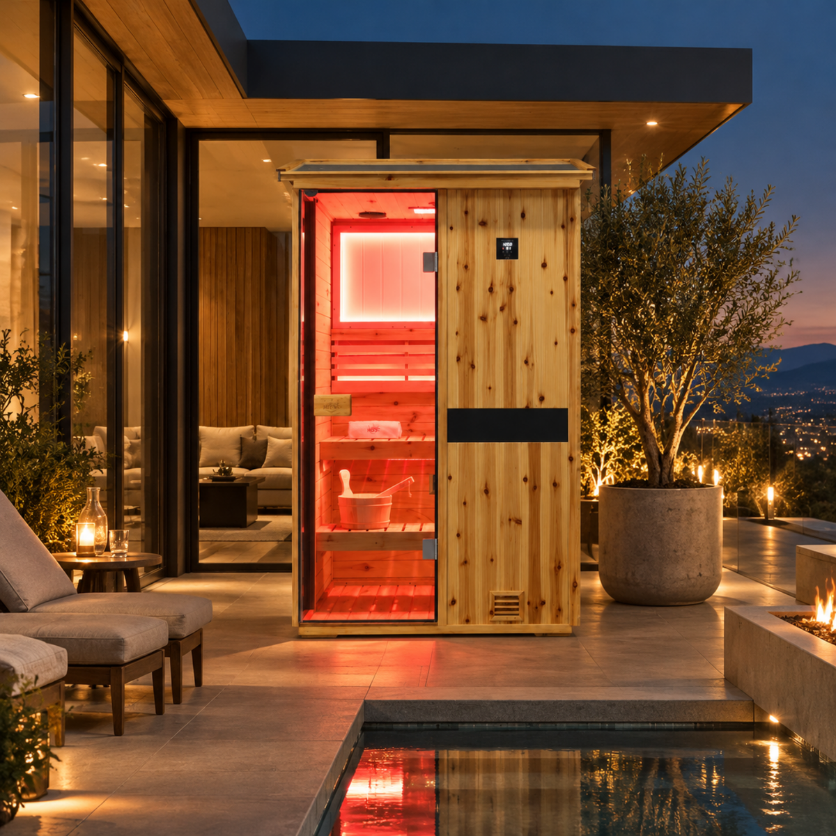 HKXSC 702VS 2-Person US fir wood outdoor sauna with a V-shaped drainage roof and a protective oil-wax finish