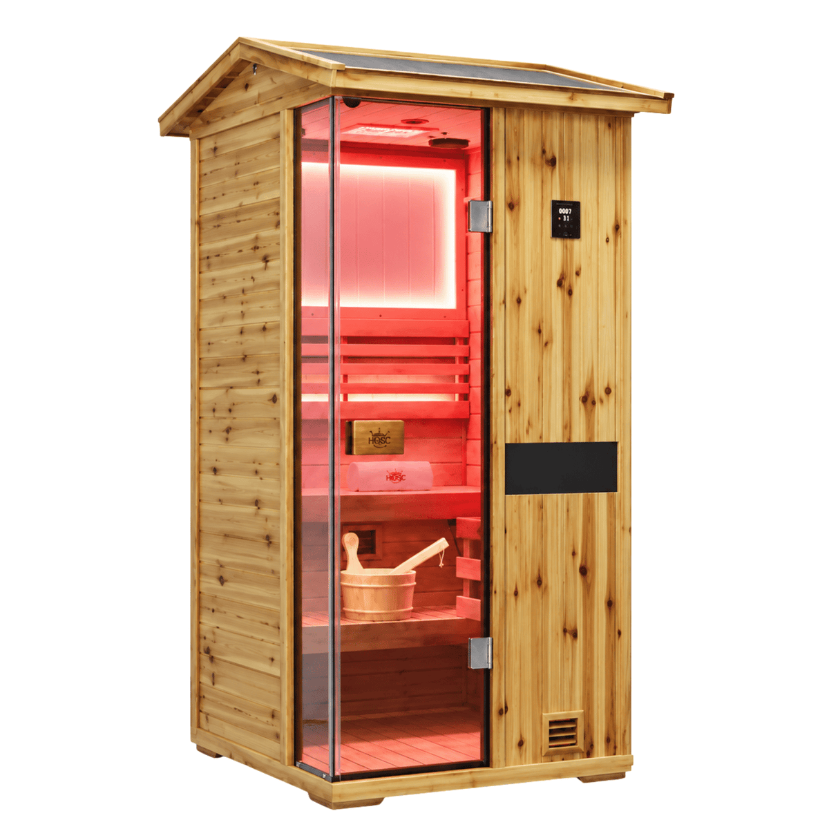 HKXSC 702VS 2-Person outdoor sauna combining US fir wood construction, 660nm red lights, and negative-ion panels