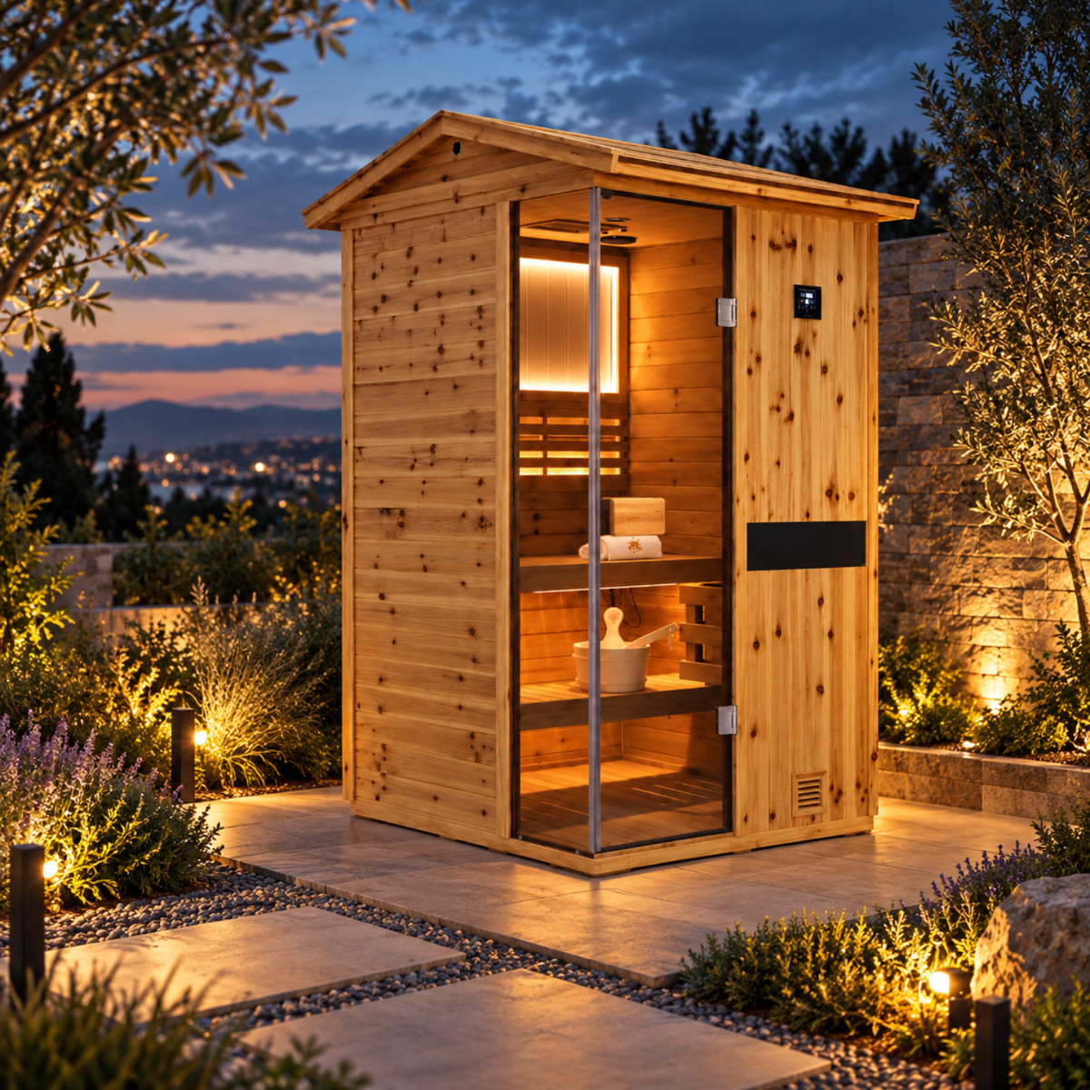 HKXSC 702VS 2-Person US fir wood sauna equipped with negative-ion panels and a V-shaped roof for outdoor use
