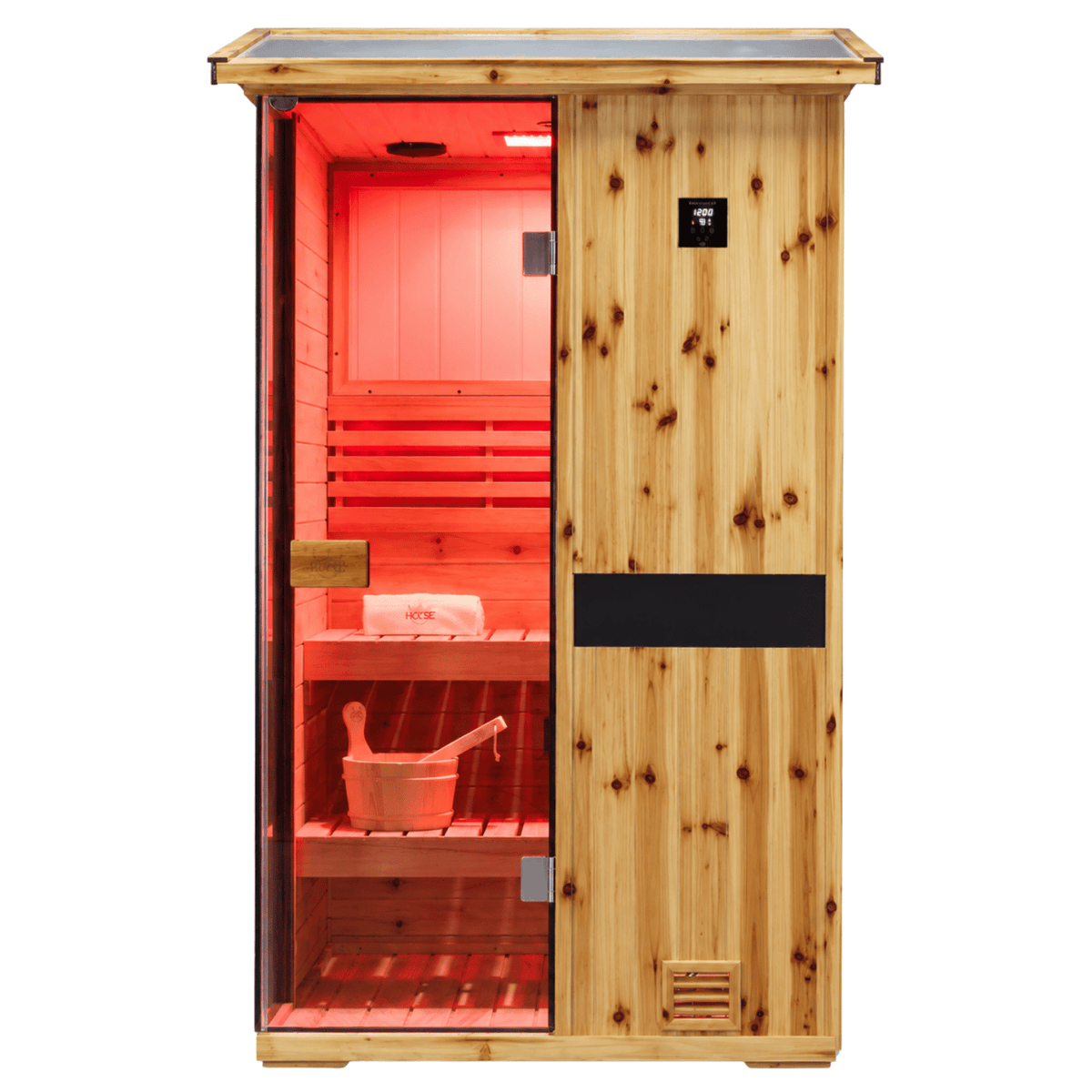 HKXSC 702VS 2-Person US fir wood outdoor sauna with a V-shaped roof designed to support rainwater drainage
