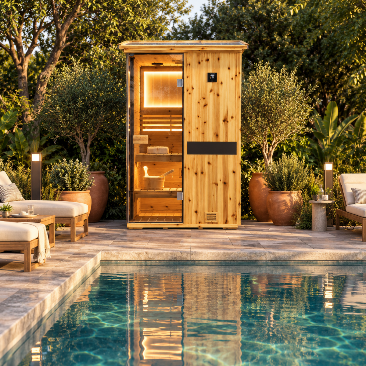 HKXSC 702VS 2-Person outdoor home sauna combining 660nm red lights and negative-ion panels in a US fir wood cabin
