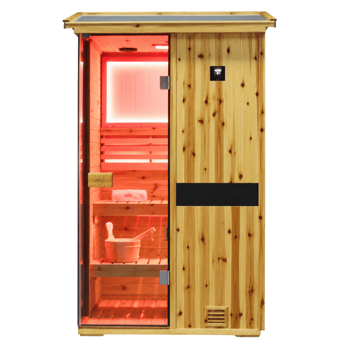 HKXSC 702VS 2-Person outdoor fir wood sauna featuring 660nm red lights and an oil-wax-protected exterior
