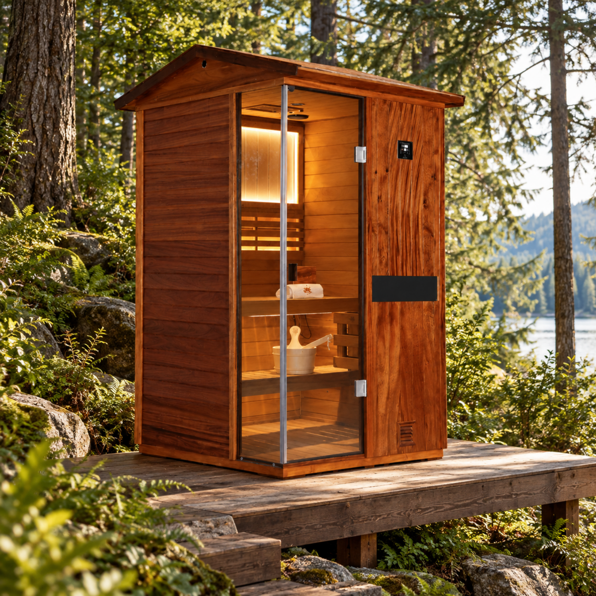 HKXSC 702VT 2-Person outdoor sauna crafted from African mahogany, with an oil-wax finish for weather protection
