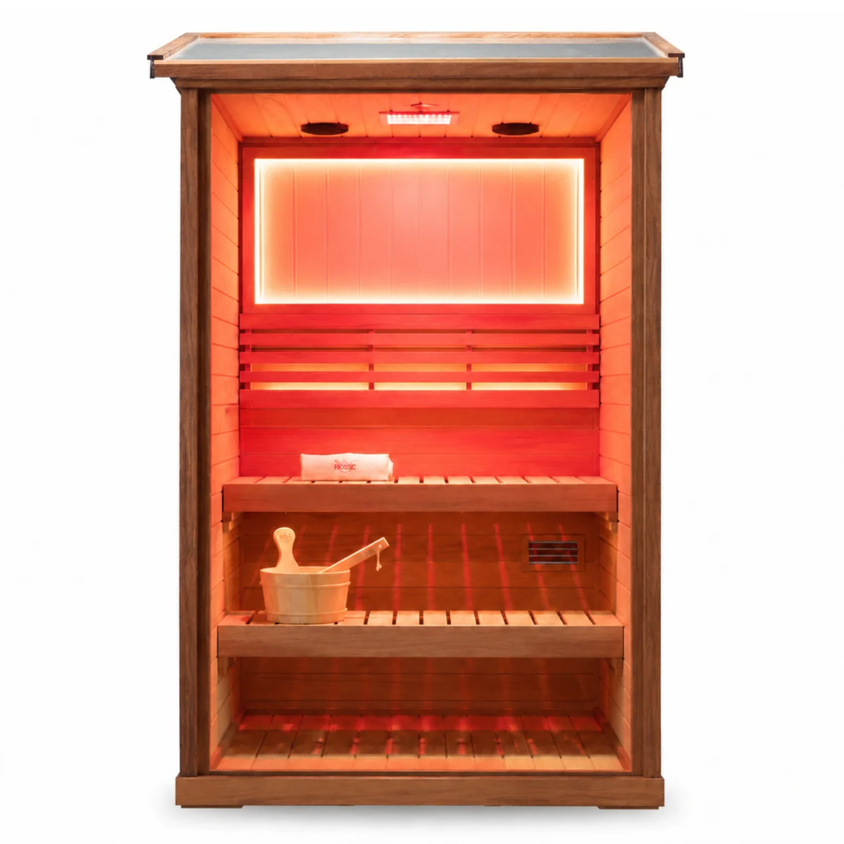 HKXSC 702VT 2-Person outdoor mahogany sauna featuring an oil-wax-protected exterior, 660nm red lights, and negative-ion panels
