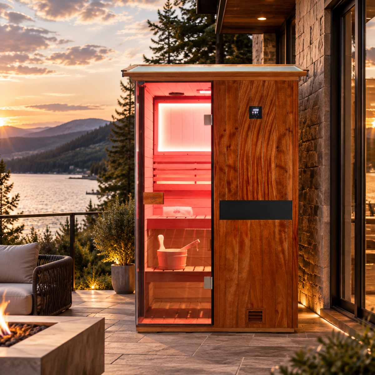 HKXSC 702VT 2-Person African mahogany outdoor sauna featuring a V-shaped roof for drainage, 660nm red lights, and negative-ion panels
