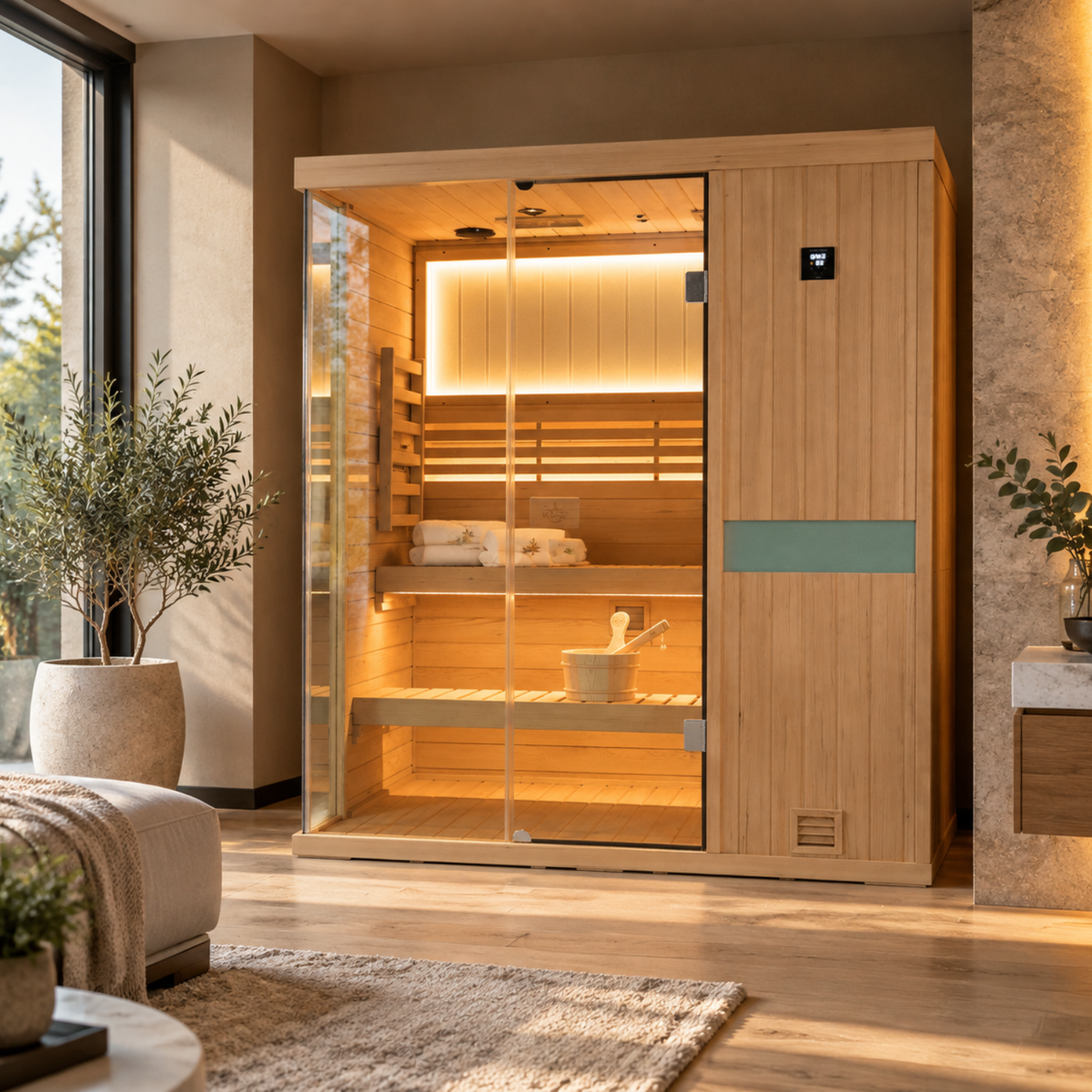 HKXSC 703SH 3-Person indoor hemlock sauna for a home sauna space, featuring a water-based clear finish
