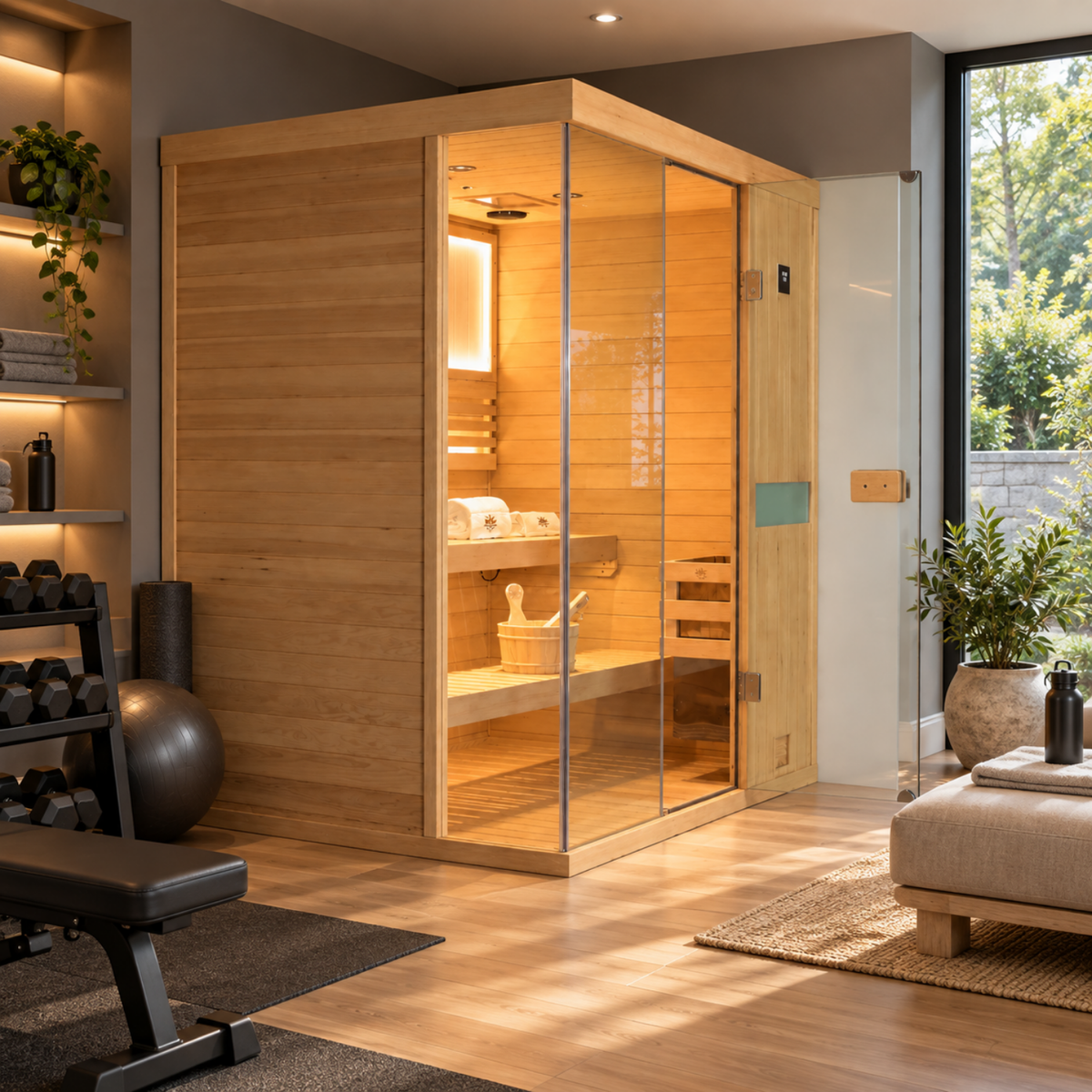 HKXSC 703SH 3-Person hemlock home sauna with 660nm red lights and negative-ion panels, designed for indoor use
