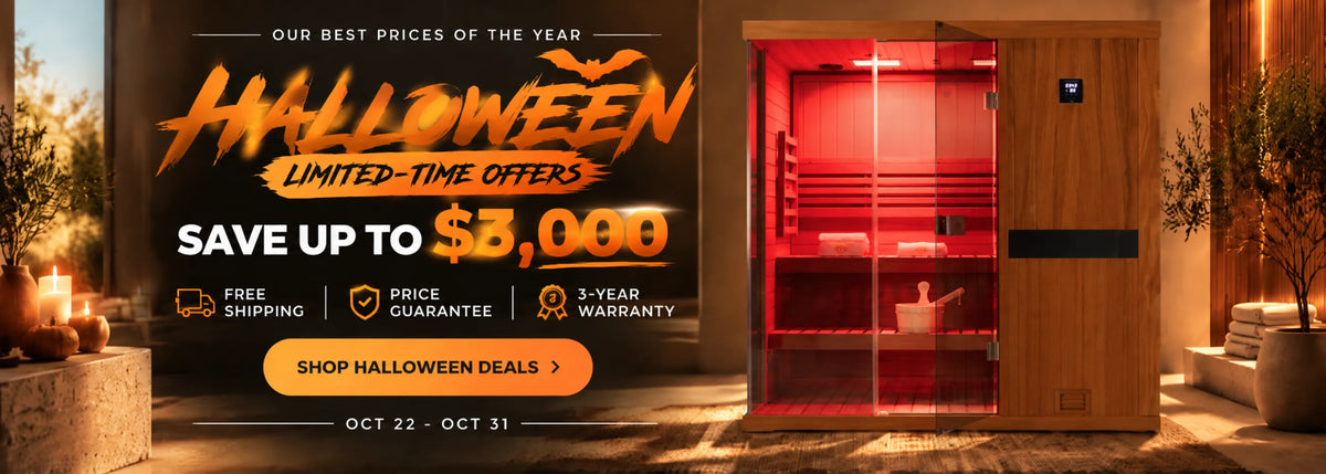 Halloween sale banner showcasing the HKXSC 703ST 3-Person mahogany home sauna with 660nm red lights
