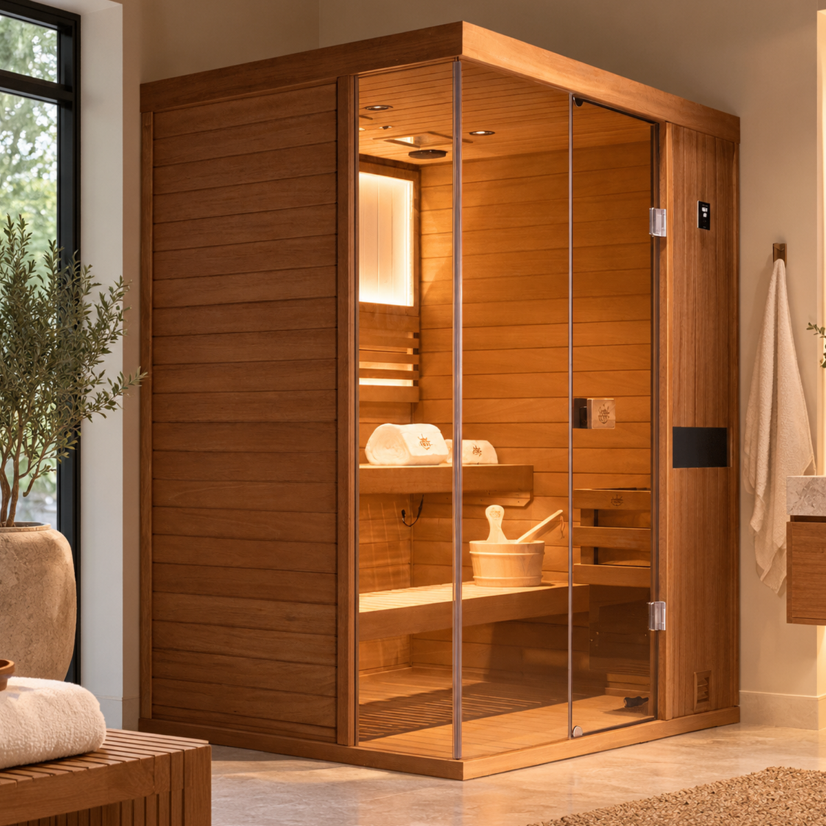 HKXSC 703ST 3-Person indoor African mahogany sauna combining 660nm red lights and negative-ion panels for a home sauna setup