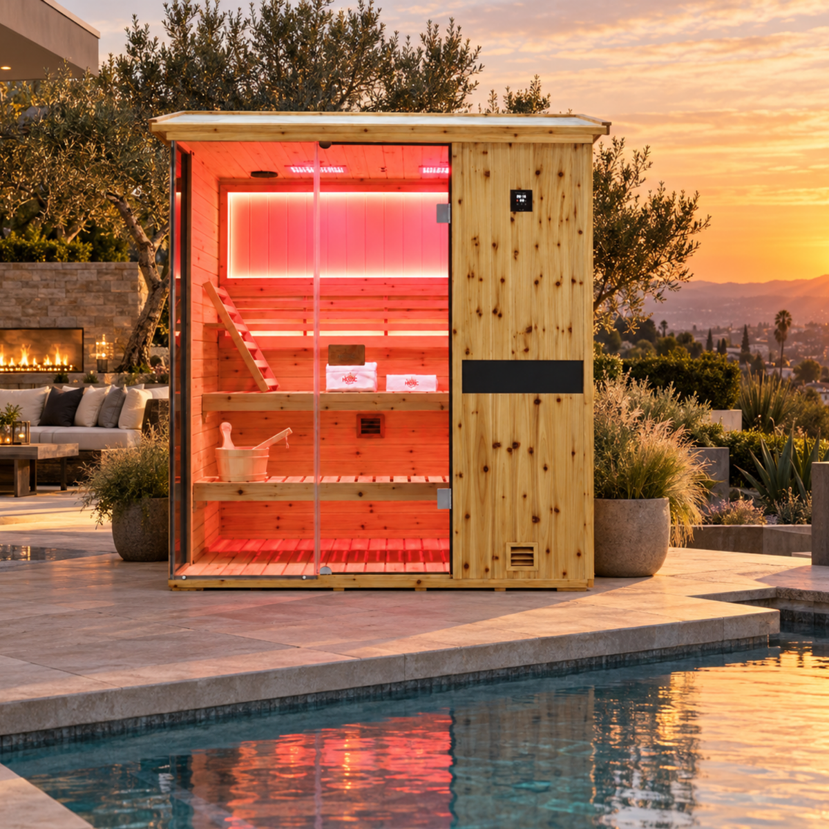 HKXSC 703VS 3-Person US fir wood sauna with a V-shaped roof, weather-protective oil-wax finish, 660nm red lights, and negative-ion panels