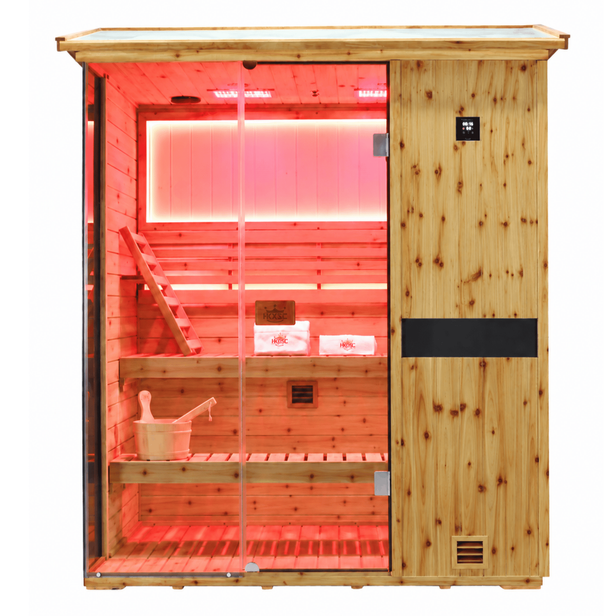 HKXSC 703VS outdoor home sauna with a 3-Person capacity, US fir wood construction, and an oil-wax-protected exterior

