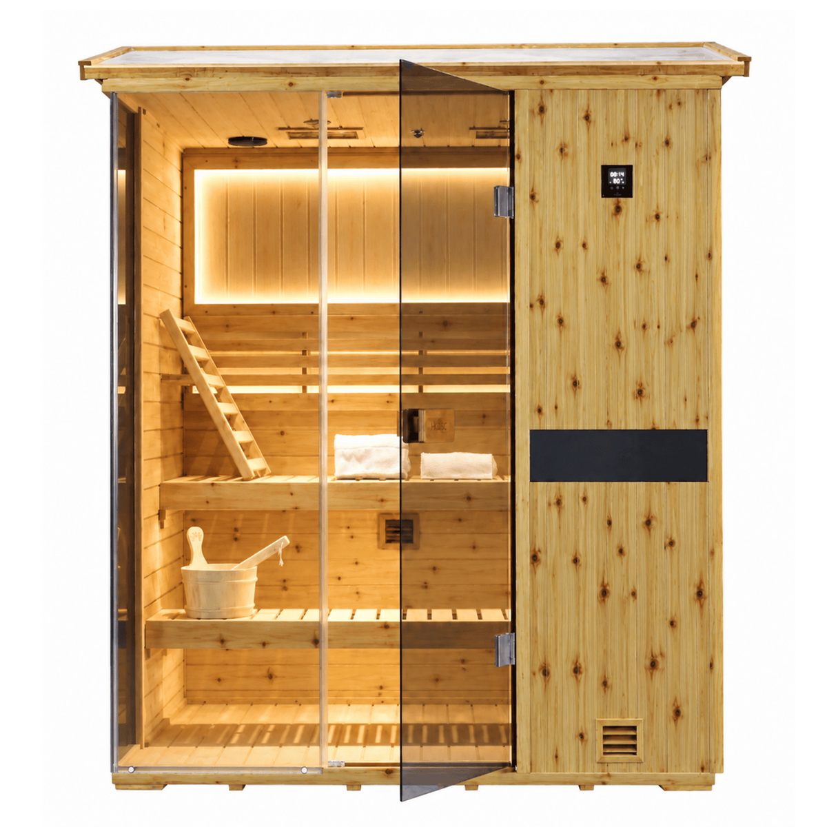 HKXSC 703VS 3-Person US fir wood outdoor sauna equipped with negative-ion panels for a home sauna setup
