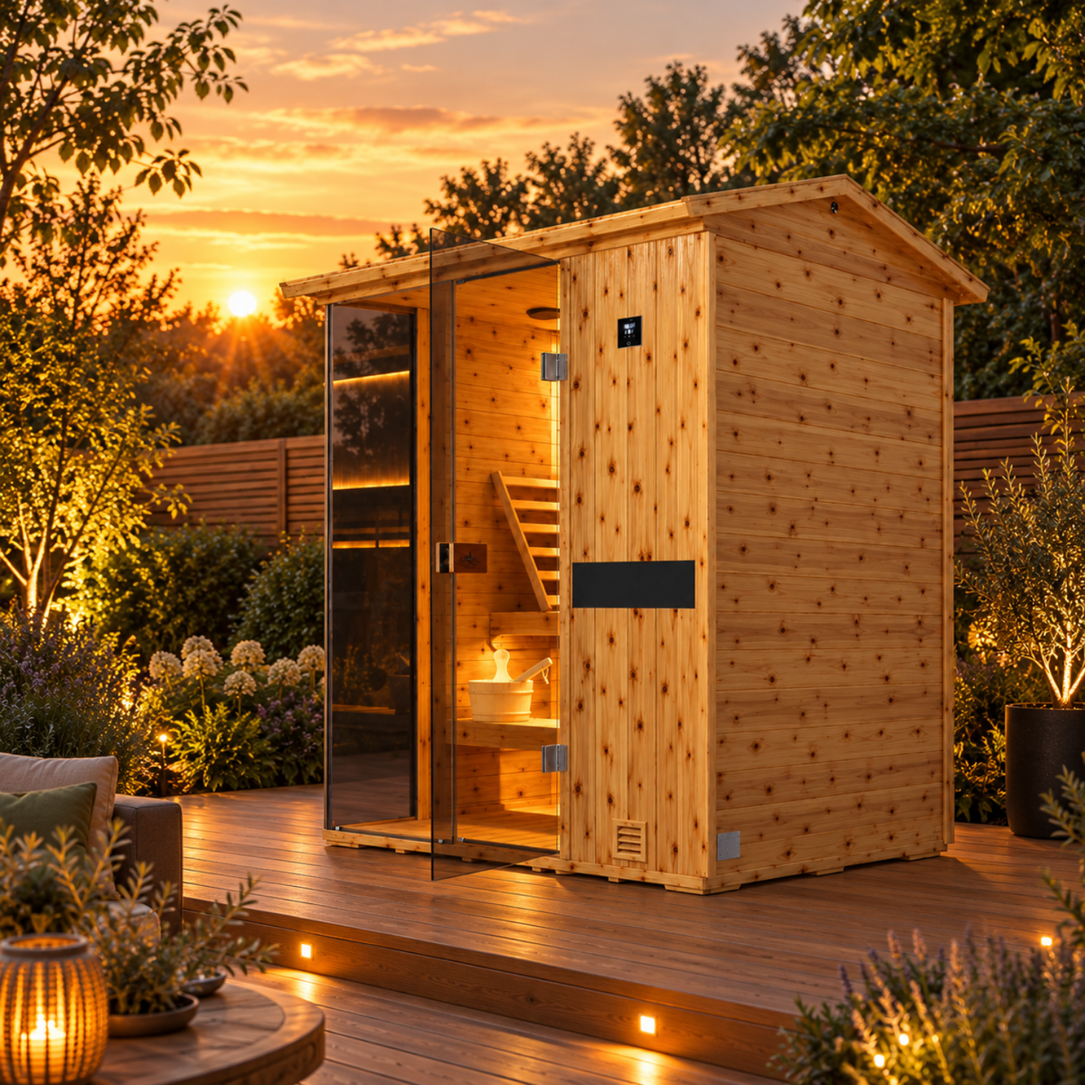 HKXSC 703VS 3-Person outdoor sauna with US fir wood construction, an oil-wax exterior finish, and negative-ion panels
