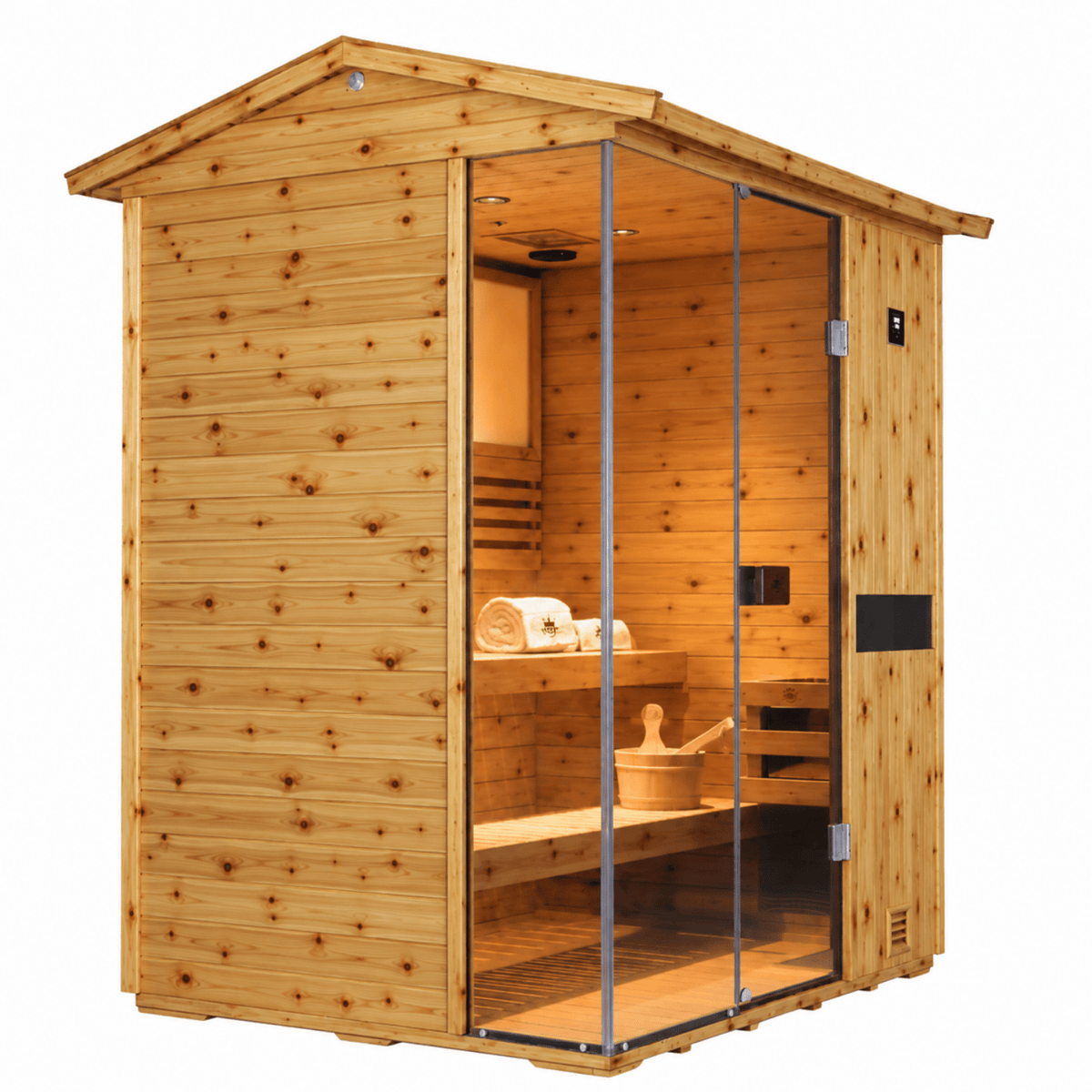 HKXSC 703VS 3-Person US fir wood sauna with a V-shaped roof designed to support rainwater drainage
