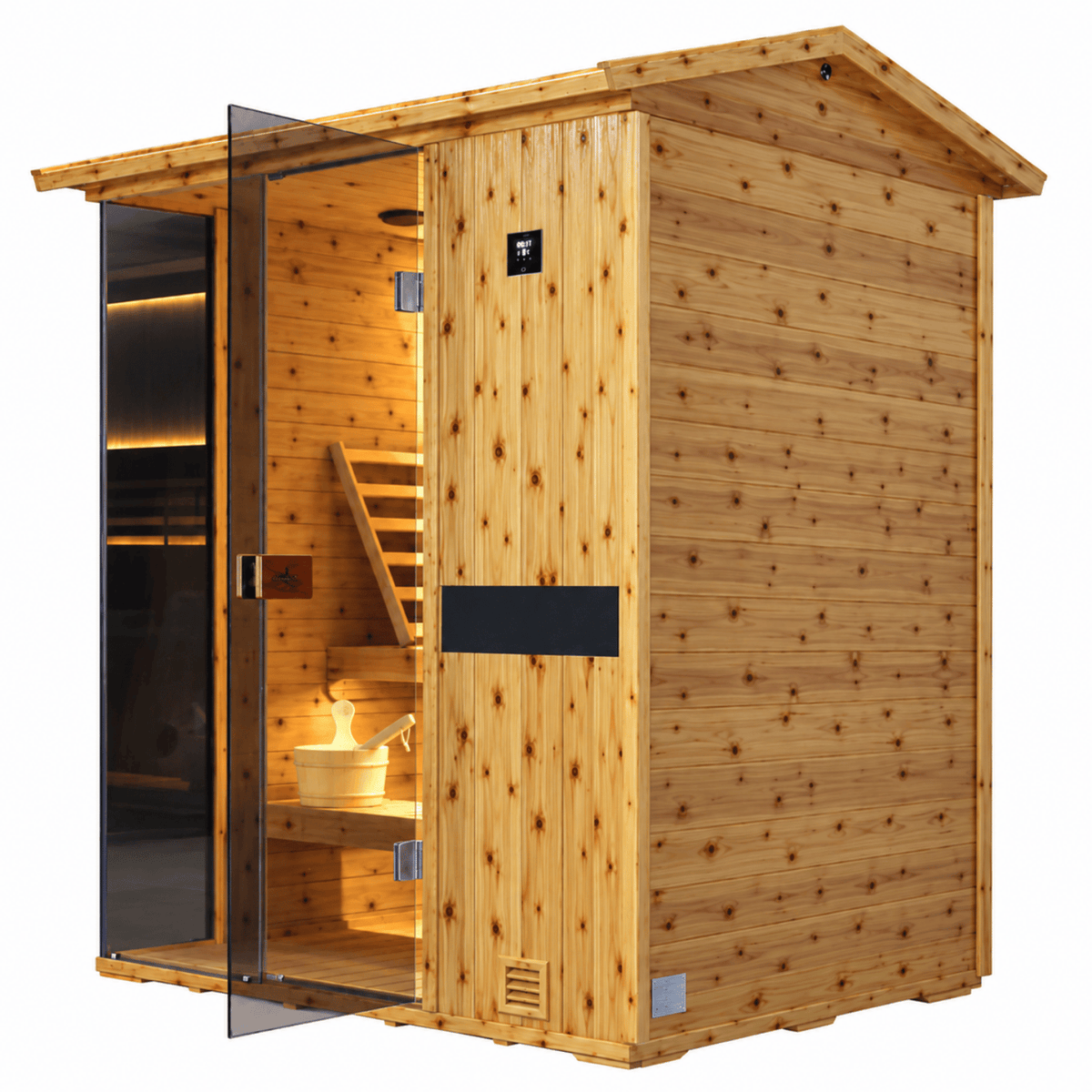 HKXSC 703VS 3-Person outdoor sauna featuring an oil-wax finish that helps protect the US fir wood exterior from weather exposure
