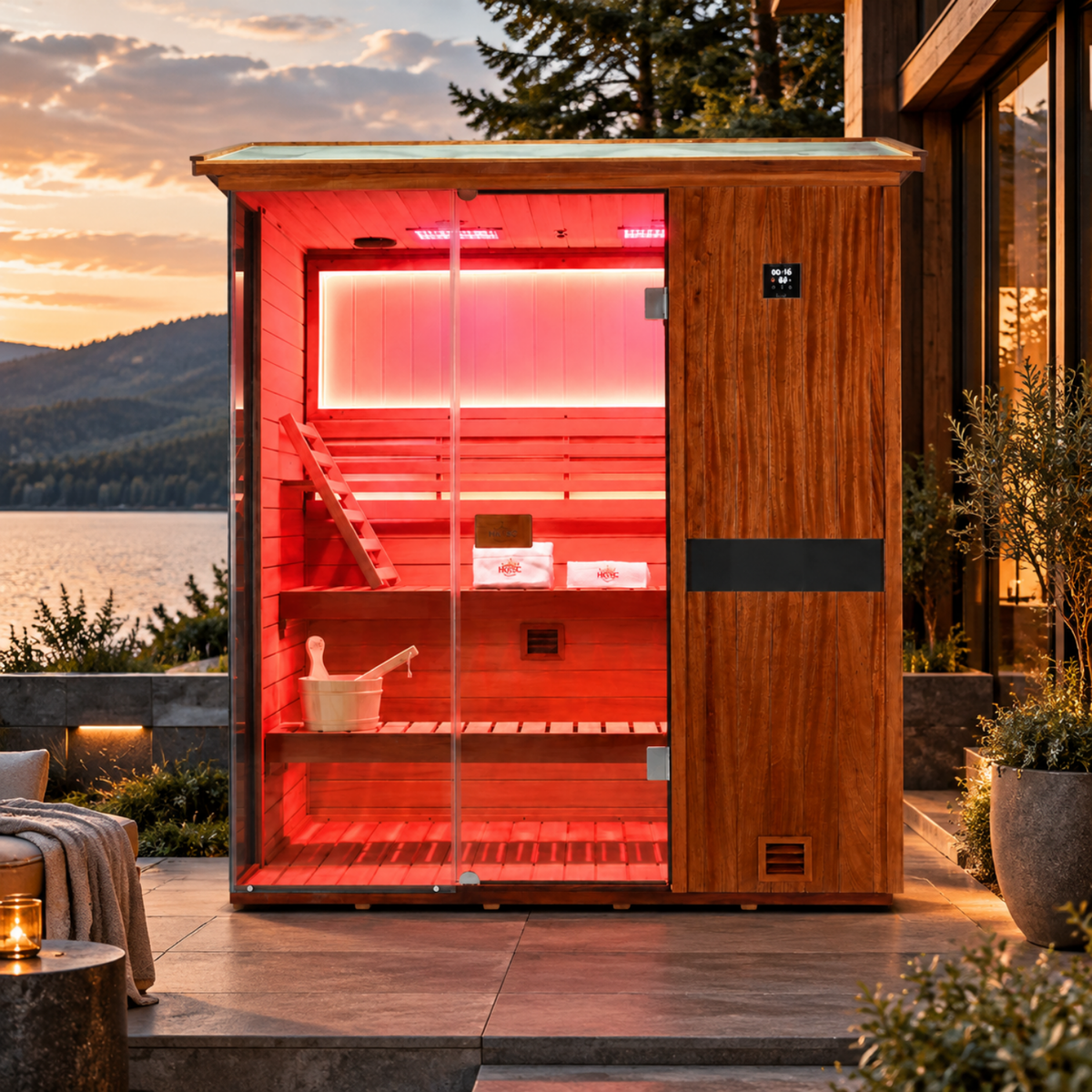 HKXSC 703VT 3-Person outdoor African mahogany sauna with a V-shaped roof designed to support rainwater drainage
