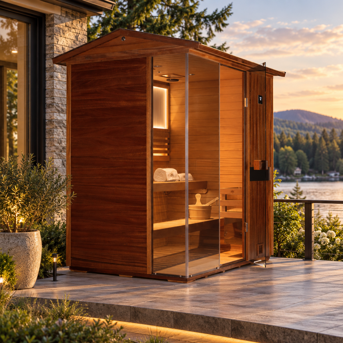 HKXSC 703VT 3-Person outdoor sauna with an oil-wax-protected African mahogany exterior, 660nm red lights, and negative-ion panels