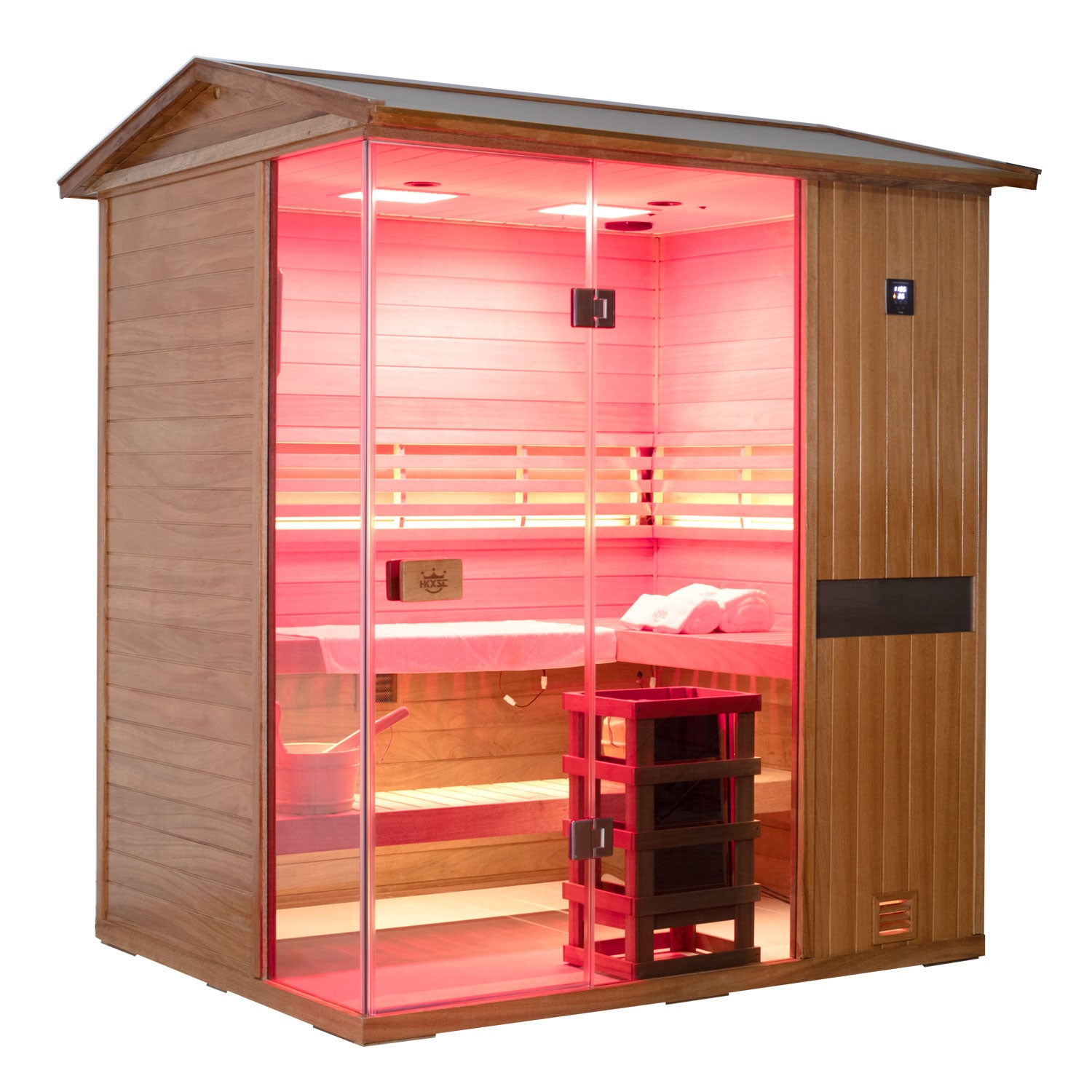 Outdoor four-person sauna with mahogany wood and steam therapy comfort