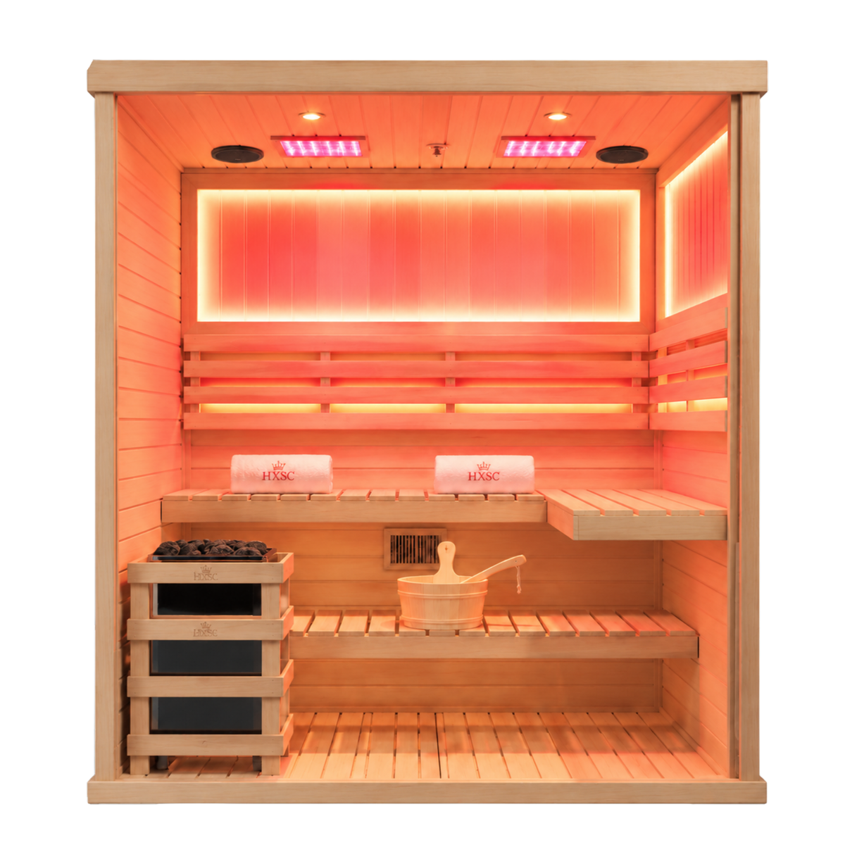HKXSC 704SH 4-Person indoor home sauna made from hemlock wood, equipped with negative-ion panels and 660nm red lights
