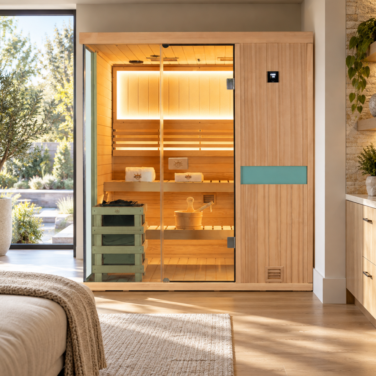 HKXSC 704SH 4-Person hemlock home sauna featuring 660nm red lights and negative-ion panels, designed for indoor use
