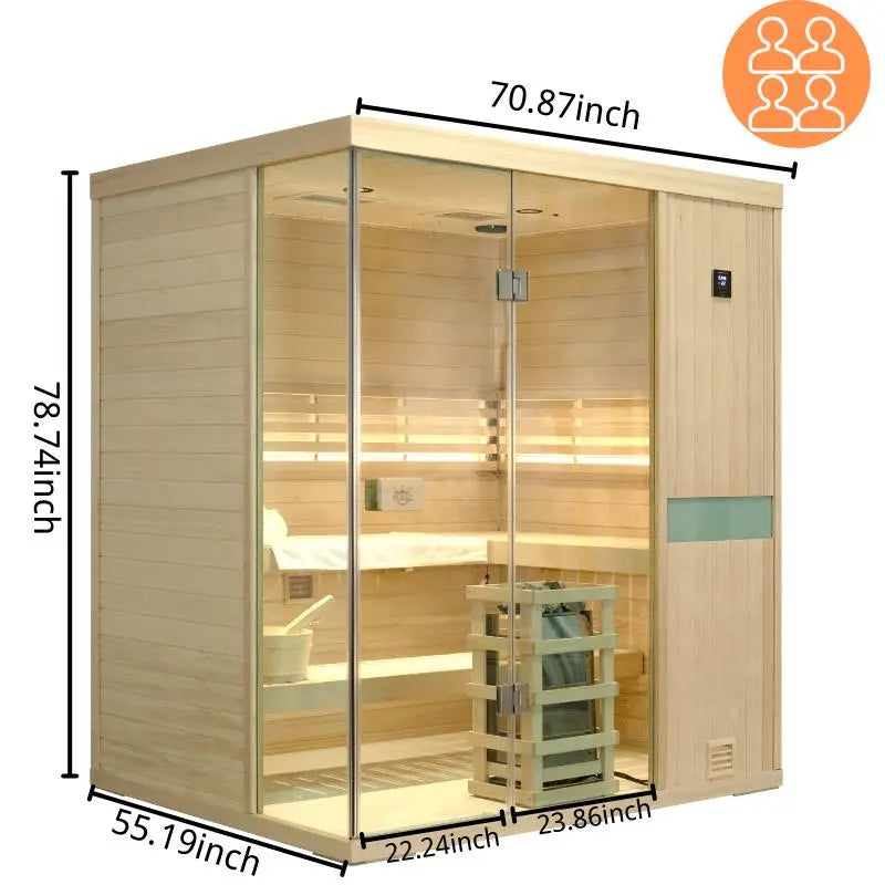 HKXSC 704SH 4 Person Steam  Sauna |  Hemlock | Wide Vision-Lay-Flat HKXSC-SAUNA