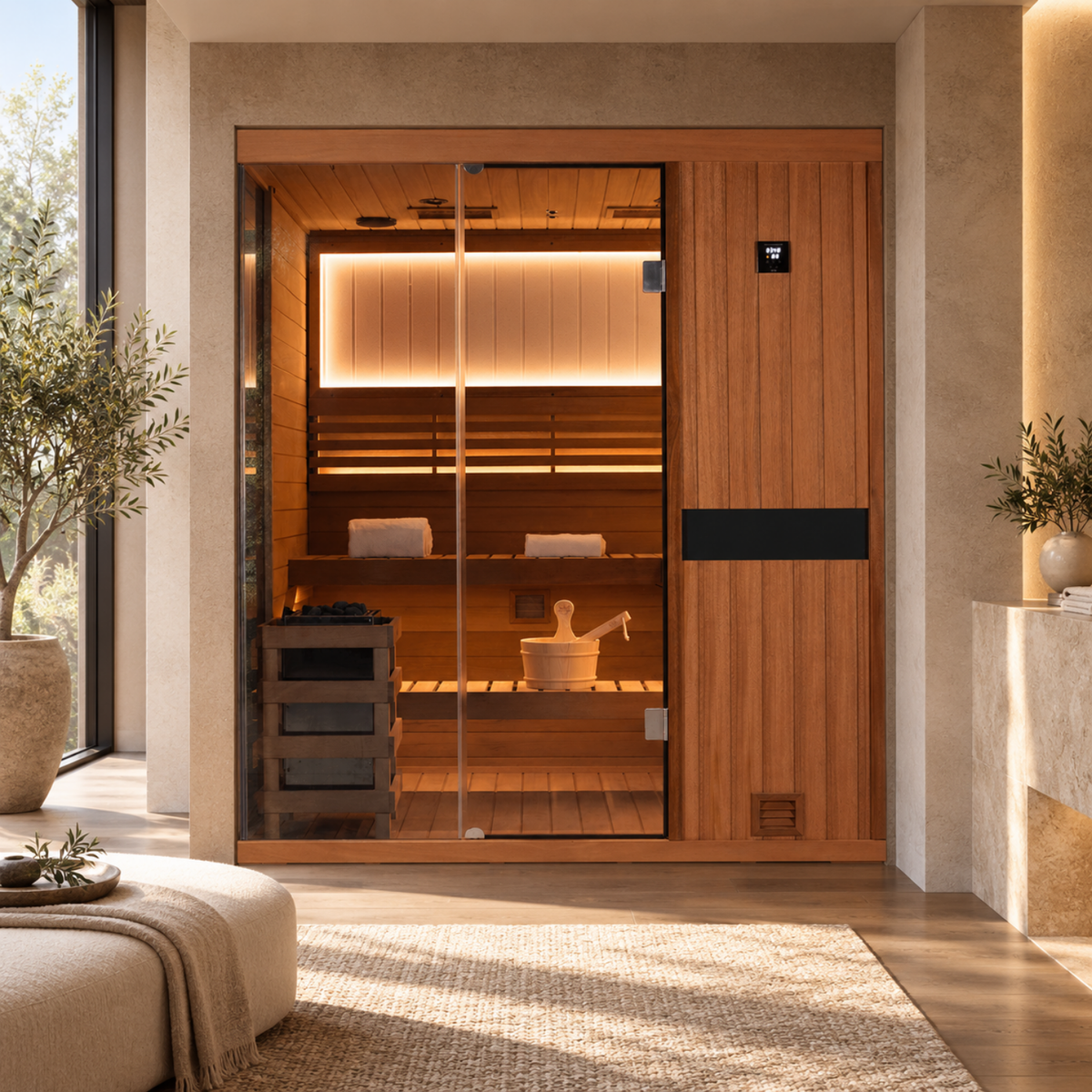 HKXSC 704ST 4-Person African mahogany sauna designed for an indoor home sauna setting