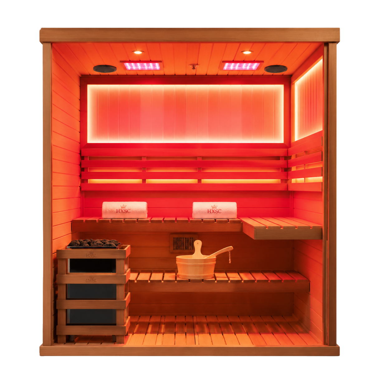 HKXSC 704ST 4-Person indoor African mahogany sauna combining 660nm red lights, negative-ion panels, and a water-based clear finish
