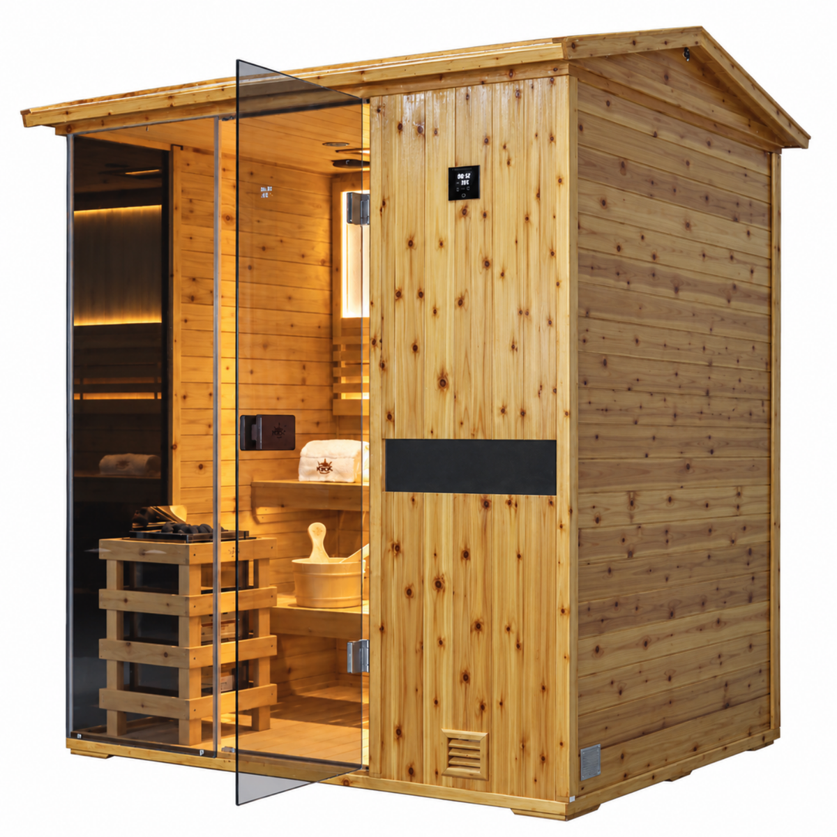 HKXSC 704VS 4-Person outdoor sauna made from US fir wood, designed for an outdoor home sauna space
