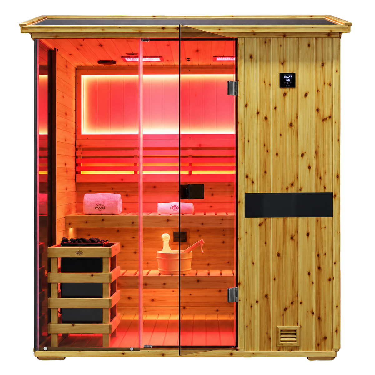 HKXSC 704VS 4-Person outdoor fir wood sauna with negative-ion panels, 660nm red lights, and an oil-wax-protected exterior