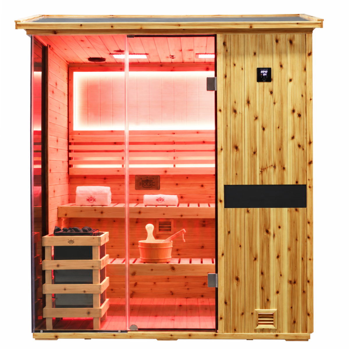 HKXSC 704VS 4-Person US fir wood outdoor sauna with a V-shaped roof designed to support rainwater drainage
