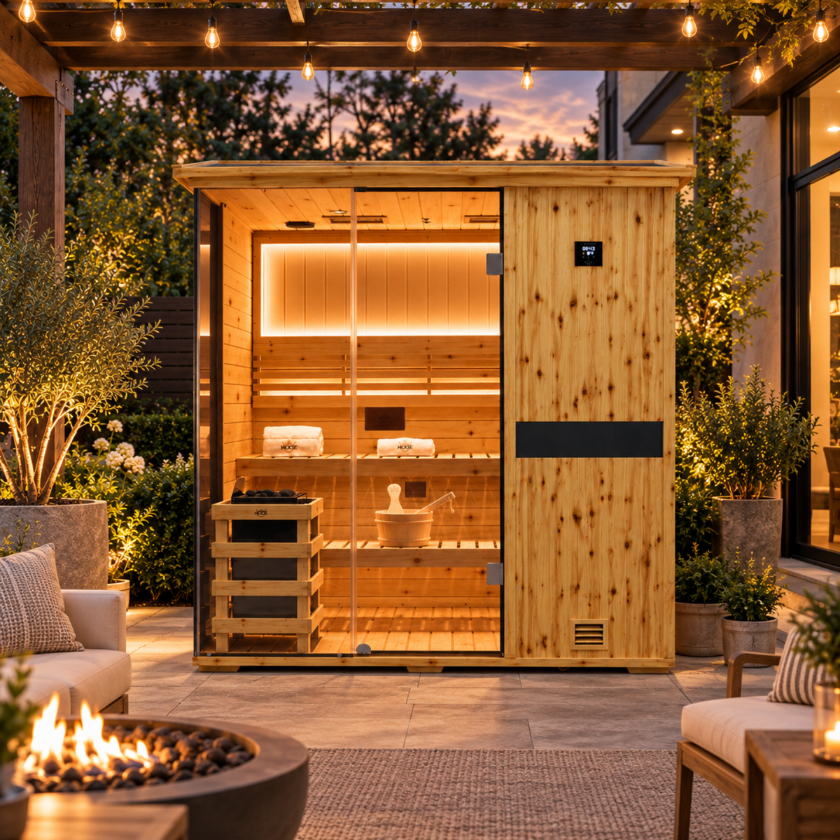 HKXSC 704VS 4-Person outdoor home sauna with negative-ion panels, 660nm red lights, and oil-wax-protected US fir wood construction