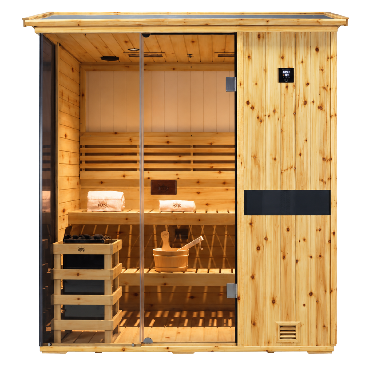 HKXSC 704VS 4-Person US fir wood sauna featuring 660nm red lights and a V-shaped roof for outdoor use