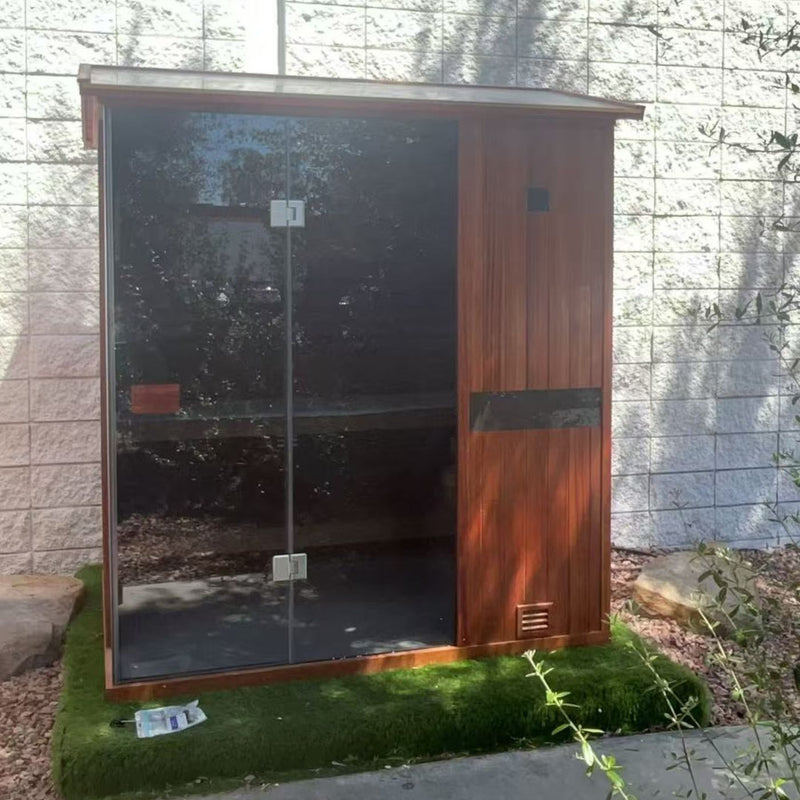 HKXSC Backyard Negative Ion Steam Outdoor Sauna Outdoor negative‑ion steam sauna installed on patio, warm interior lighting, relaxing home spa scene