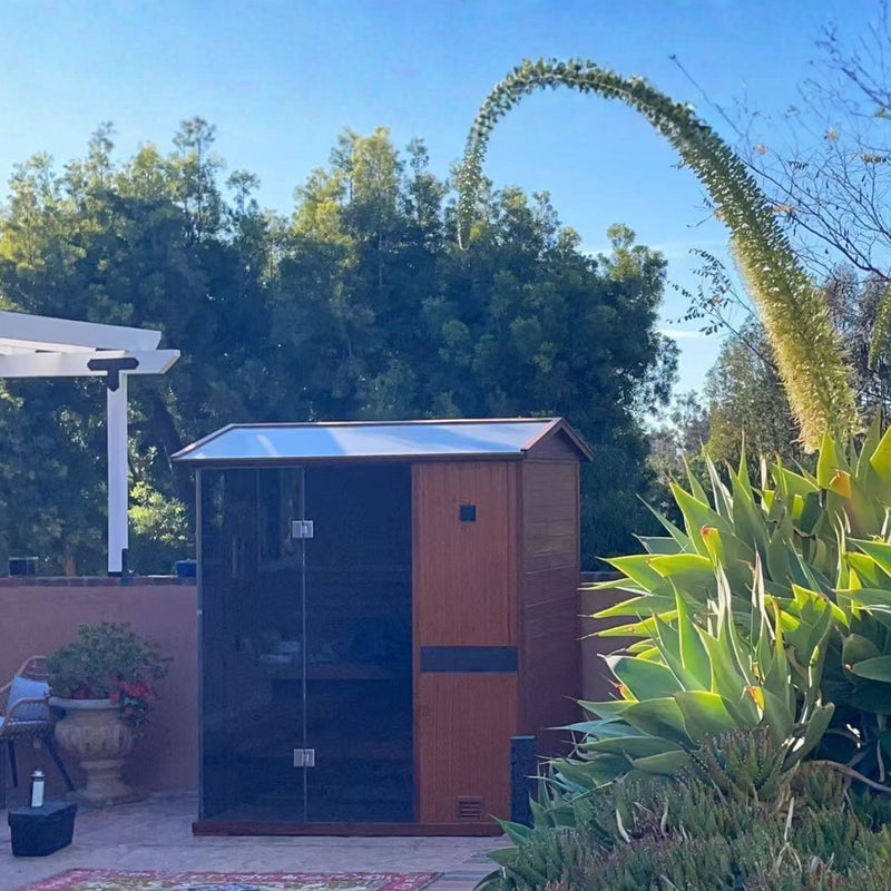 Backyard wellness steam sauna with large transparent glass viewing door, intuitive digital display to monitor internal heat, auto cycle relay to stabilize temperature during extended sauna sessions