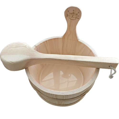Wooden sauna bucket and ladle set for pouring water over heated stones to create steam
