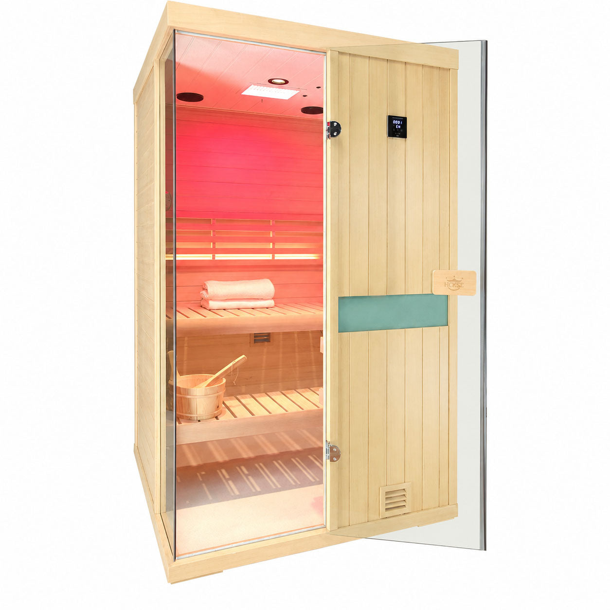 Indoor Hemlock two person Sauna Side Display The glass door can be opened 180 degrees