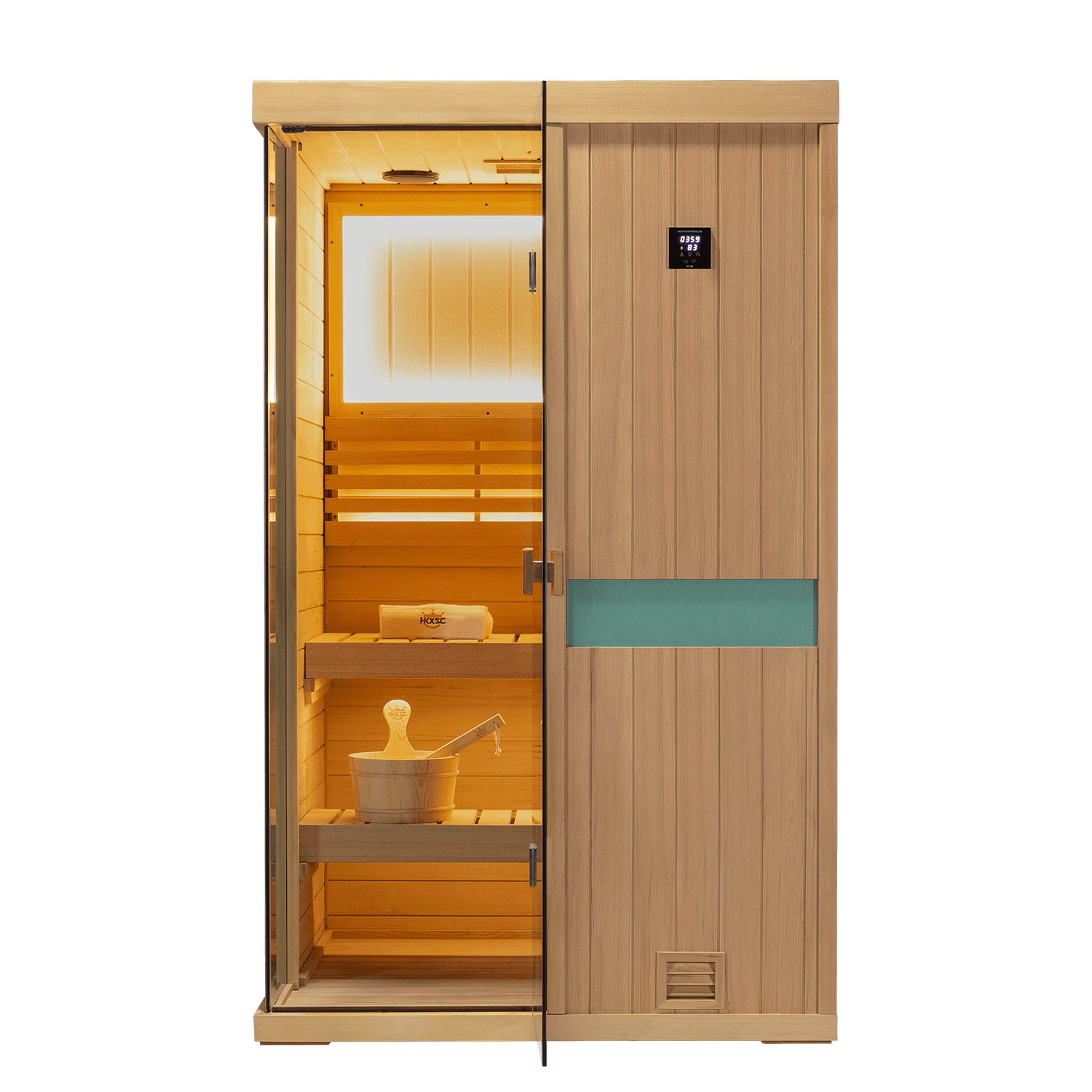 Upgraded home wellness sauna for two adults, indoor hemlock cabin with 660‑nm red‑light treatment function