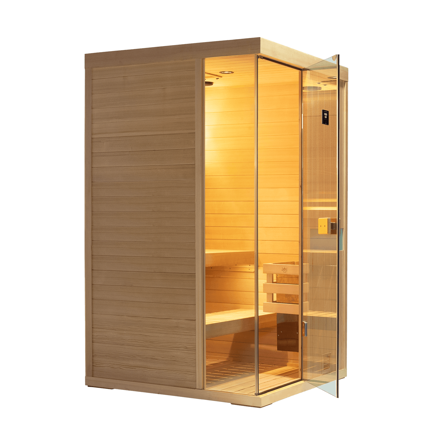 Angled photo of upgraded hemlock sauna room placed inside living‑space, 660nm red‑light ready