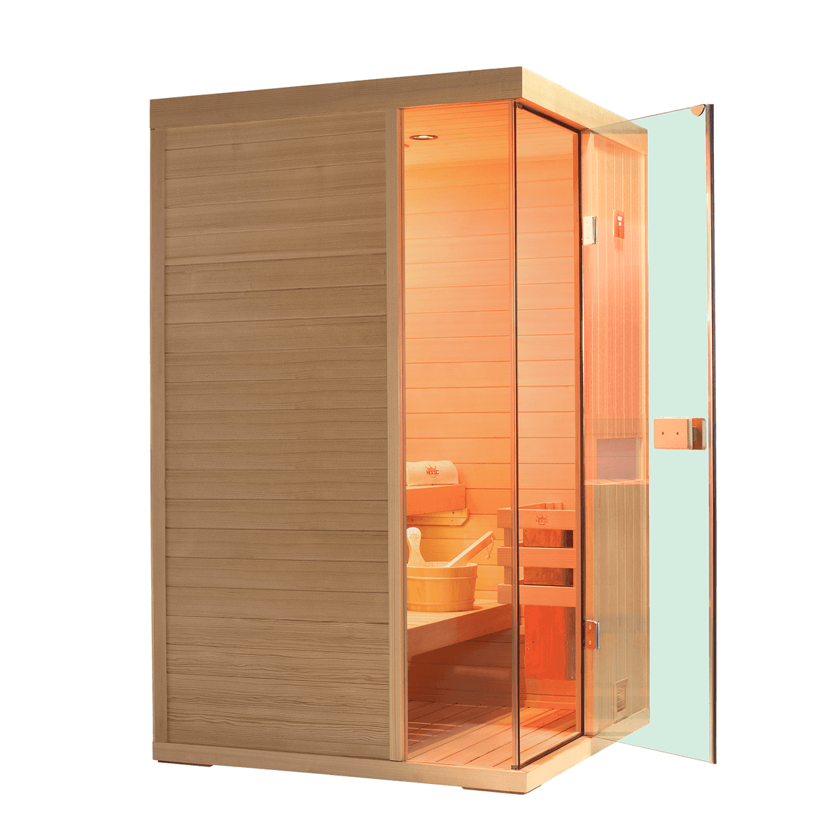 Two‑person hemlock infrared sauna for indoor use, upgraded configuration with 660nm red‑light panels