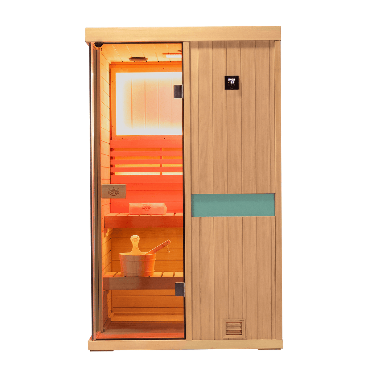 Side profile of upgraded two‑person hemlock sauna, indoor wellness unit with 660nm red‑light feature