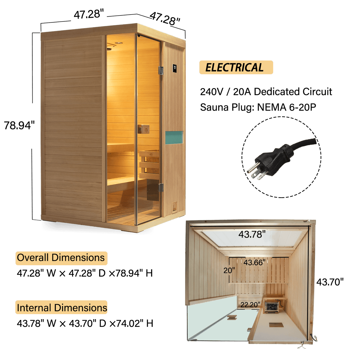 A wooden sauna with glass doors and interior shelving, shown with dimension callouts and an inset of the electrical plug. The image includes overall and internal dimensions and an electrical specification callout on a white background.