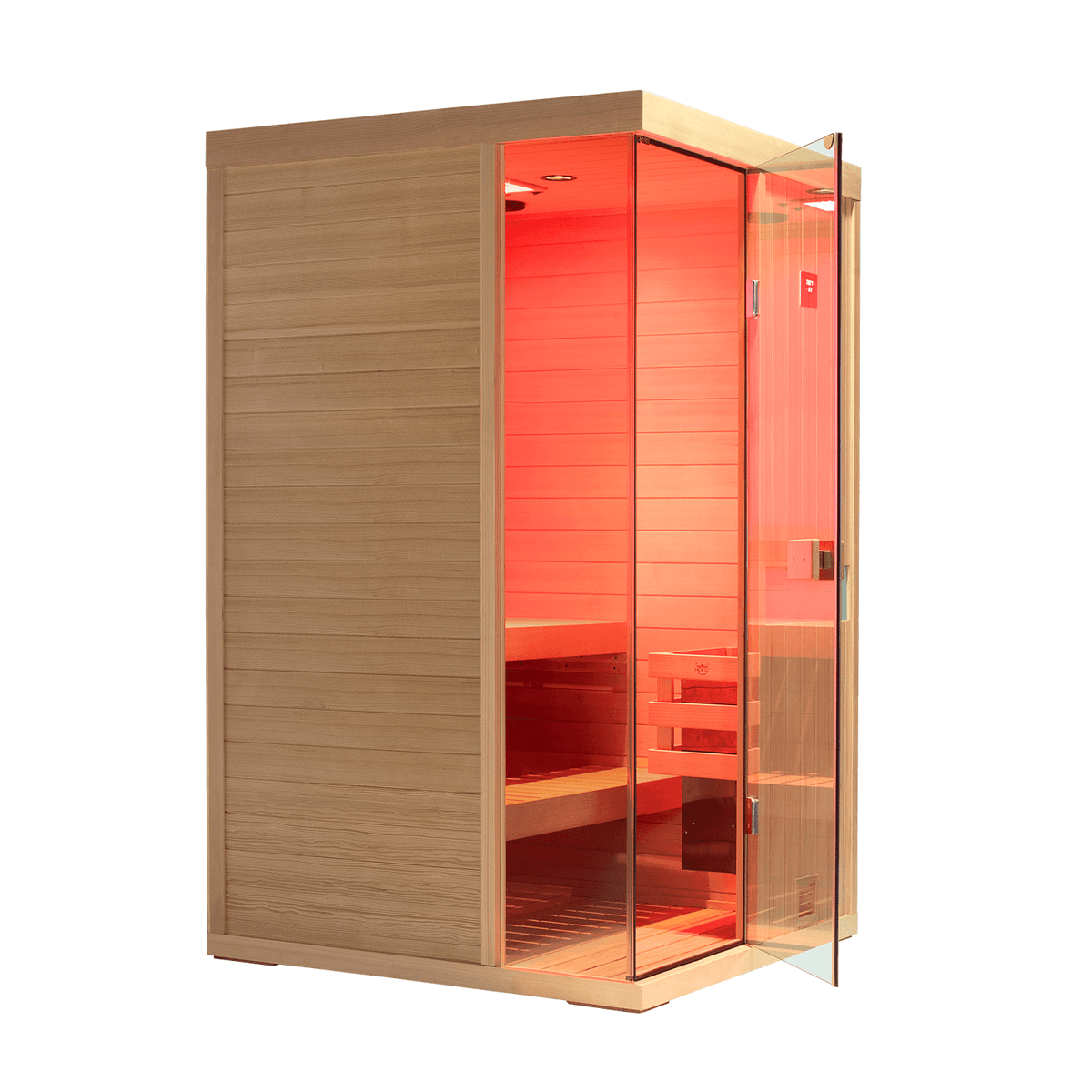 Modern 2‑person indoor hemlock dry sauna, upgraded model featuring skin‑care 660nm red‑light therapy